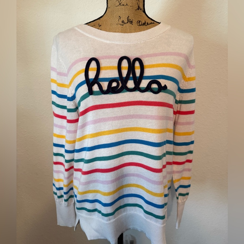 Striped white Crew Neck “hello” sweater XL